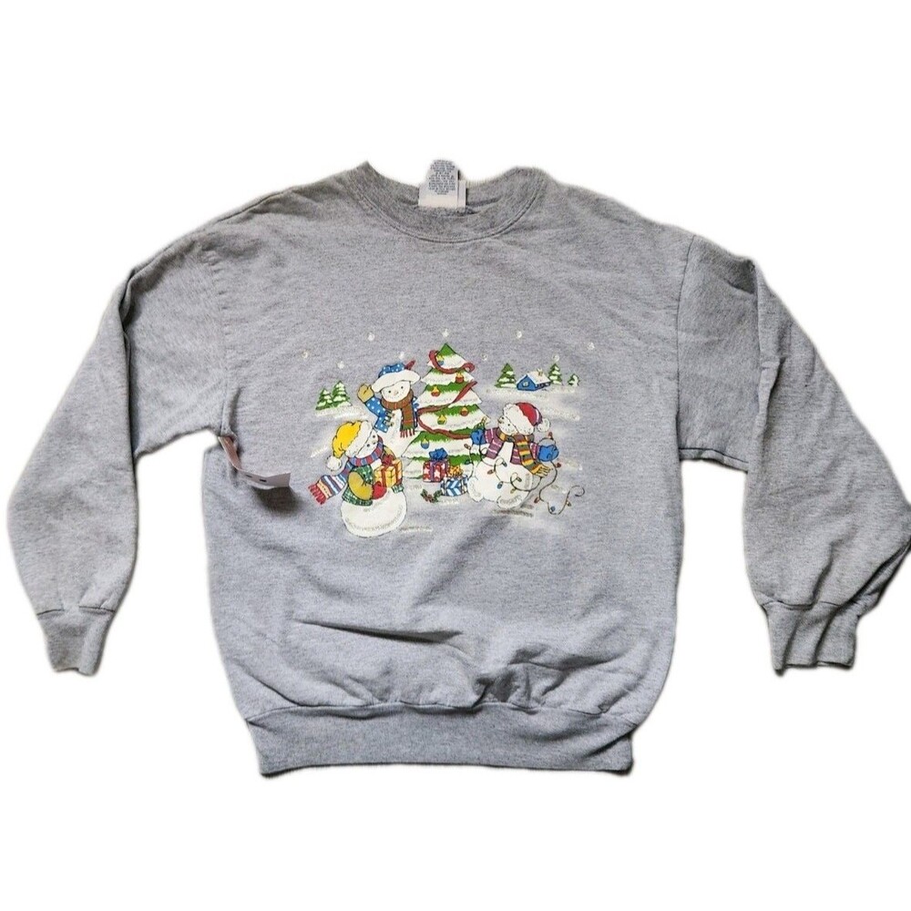 Vintage Basic Editions Gray Snowman Christmas Sweatshirt Women’s M Holiday EUC